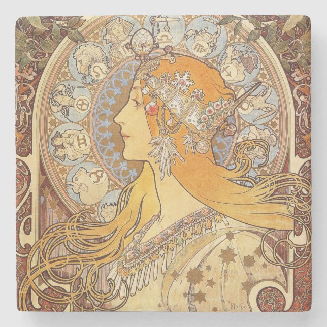 Porta-copo De Pedra Alfonse Mucha Zodiac Art Nouveau Mulher (Frente)