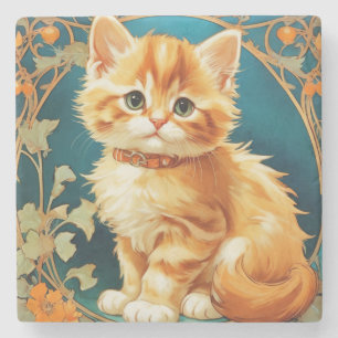 Porta-copo De Pedra Alphonse Mucha Art Nouveau Cat