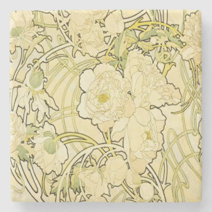 Porta-copo De Pedra Alphonse Mucha Peonias Padrão Floral Art Nouveau