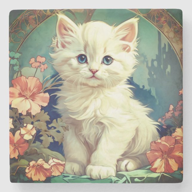 Porta-copo De Pedra Alphonse Mucha Style White Cat (Frente)