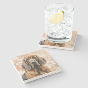 Porta-copo De Pedra Amante de Cão Bloodhound e Flores de Pessegueiro