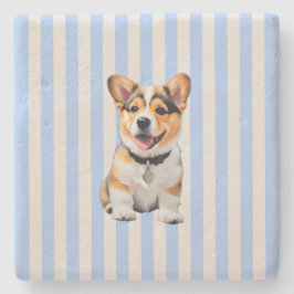 Porta-copo De Pedra Amantes de Corgi Azul e Bege Listrado Divertido