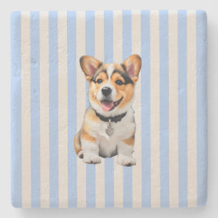 Porta-copo De Pedra Amantes de Corgi Azul e Bege Listrado Divertido