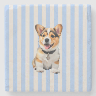 Porta-copo De Pedra Amantes de Corgi Azul e Bege Listrado Divertido