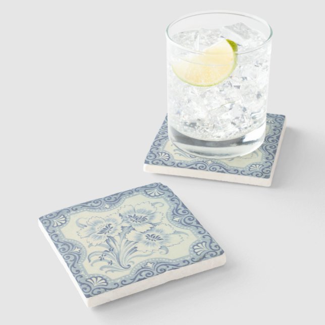 Porta-copo De Pedra Amarelo Azul e Branco Vitoriano Majolica Antiquada (Lateral)