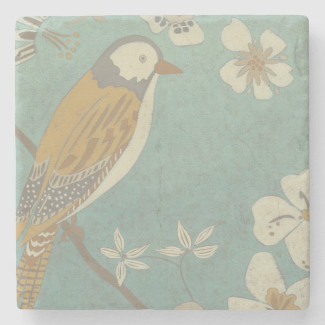 Porta-copo De Pedra Amarelo, Cinza e pássaro bege Empoleirado em uma r (Frente)