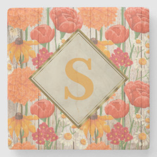 Porta-copo De Pedra Amarelo Laranja Vermelho Floral Margaridas Brancas