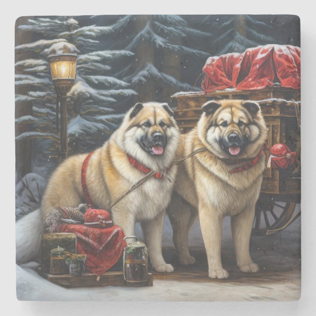 Porta-copo De Pedra American Akita Snowy Sleigh Passear Decência de Na (Frente)