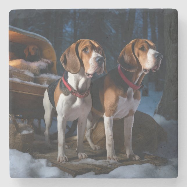 Porta-copo De Pedra American English Foxhound Snowy Sleigh Natal (Frente)