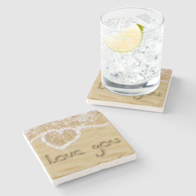 Porta-copo De Pedra "Amo-te" Coração escrito em Areia (Lateral)