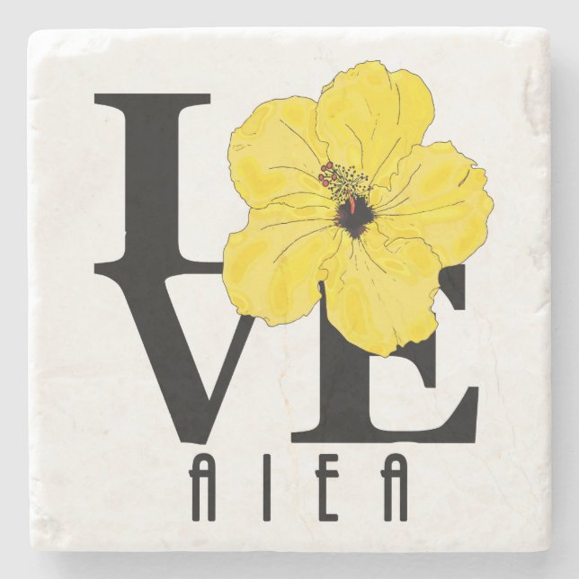 Porta-copo De Pedra AMOR Aiea Hawaii Yellow Hibiscus (Frente)