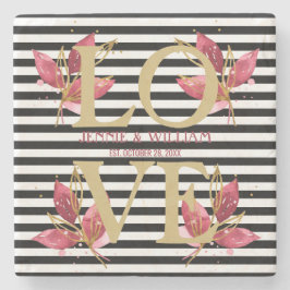 Porta-copo De Pedra AMOR e Flores em Data de Casamento com Listras Pre