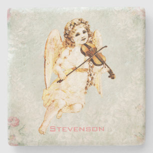 Porta-copo De Pedra Angel Tocando um violino em uma textura de Shabby 