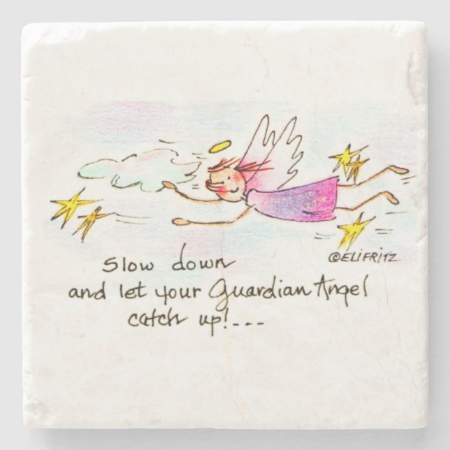 Porta-copo De Pedra Ângulo voador em roxo, estrelas douradas dizem que (Frente)