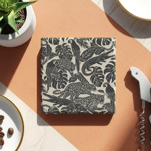 Porta-copo De Pedra Animais da Selva Tropical Preta e Creme em Negrito