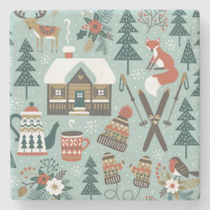 Porta-copo De Pedra Animais Florestais: Inverno Vintage Sem Costura.