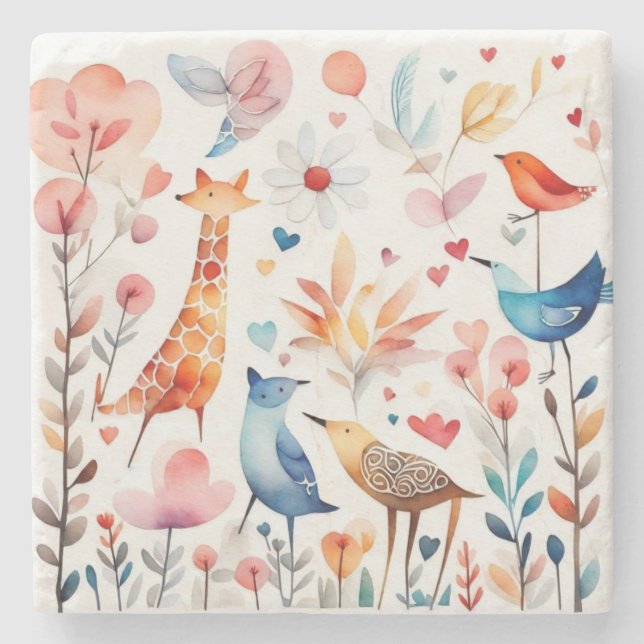 Porta-copo De Pedra Animais lindos no jardim (Frente)