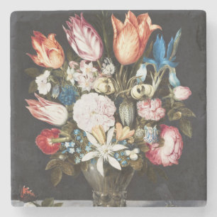 Porta-copo De Pedra Antigo Bosschaert Tulipas e Rosas Holandeses Arte