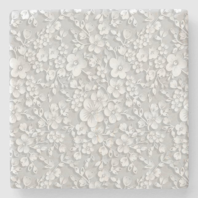 Porta-copo De Pedra Aparência de Renda Floral Branca (Frente)