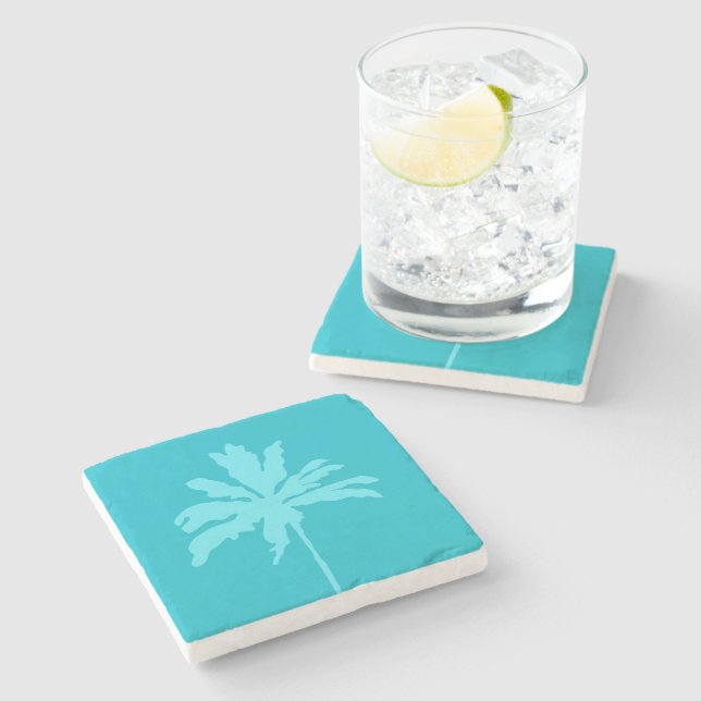 Porta-copo De Pedra Aqua Blue Modern Tropical Palm Tree Summer Home (Lateral)