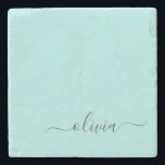 Porta-copo De Pedra Aqua Blue Teal Modern Script Girly Monographic Nam<br><div class="desc">Azulejo de Pedra de Nome Simples de Script Teal Azul Aqua. Isso faz a formatura perfeita,  doce aniversário de 16 anos,  casamento,  chá de panela,  aniversário,  chá de fraldas ou presente de festa de solteira para alguém que ama luxo de vidro e estilos quicos.</div>