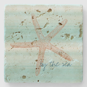 Porta-copo De Pedra Aqua Mint White Beach Vibes Starfish    