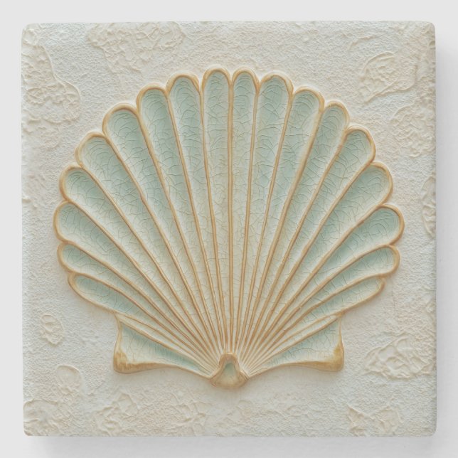 Porta-copo De Pedra Aqua Scallop Shell Coastal Art (Frente)