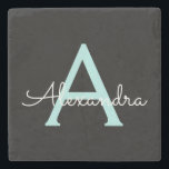 Porta-copo De Pedra Aqua Teal Blue Script Girly Monographic Name<br><div class="desc">Azulejo de Pedra do Nome Simples do Script Azul Preto e Azul Aqua Isso faz a formatura perfeita,  doce aniversário de 16 anos,  casamento,  chá de panela,  aniversário,  chá de fraldas ou presente de festa de solteira para alguém que ama luxo de vidro e estilos quicos.</div>