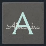 Porta-copo De Pedra Aqua Teal Blue Script Girly Monographic Name<br><div class="desc">Azulejo de Pedra do Nome Simples do Script Azul Preto e Azul Aqua Isso faz a formatura perfeita,  doce aniversário de 16 anos,  casamento,  chá de panela,  aniversário,  chá de fraldas ou presente de festa de solteira para alguém que ama luxo de vidro e estilos quicos.</div>