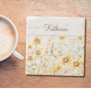 Porta-copo De Pedra Aquarela Jardim de Girassóis Amarelos Rústicos em 