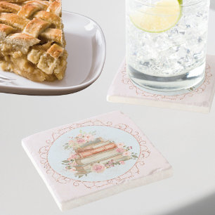 Porta-copo De Pedra Aquarela Rosas Cor-de-Rosa Vintage e Livros Floral