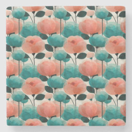 Porta-copo De Pedra Aquarela Vintage Floral Rosa e Verde