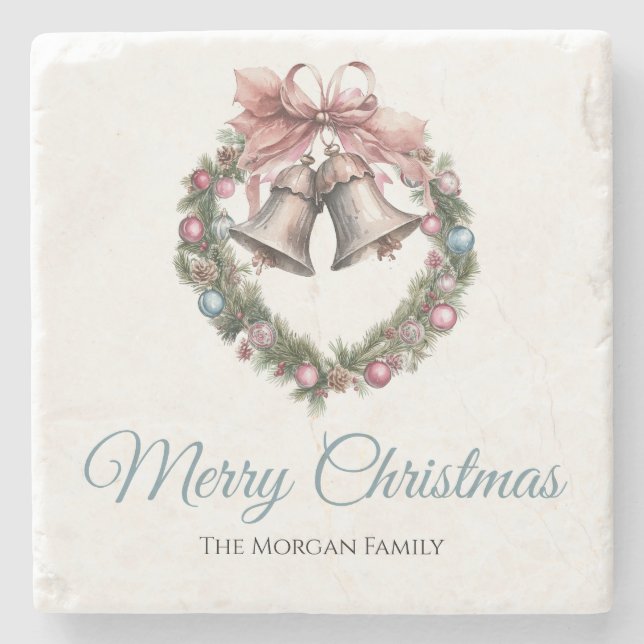 Porta-copo De Pedra Arco de Folhagem de Ferro Verde e Fita Rosa (Frente)