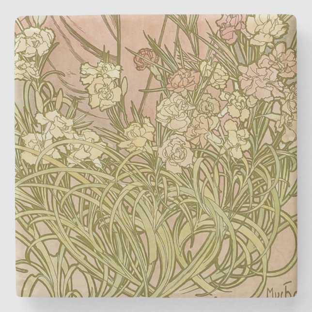 Porta-copo De Pedra Art Nouveau Alfonse Mucha Flores de cravo florais (Frente)