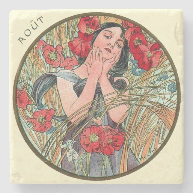Porta-copo De Pedra Art Nouveau Mucha Calendário Agosto (Frente)