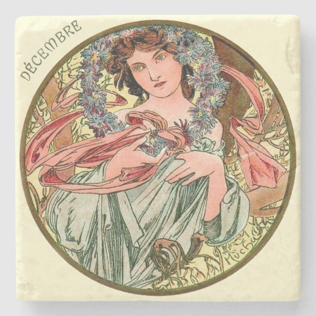 Porta-copo De Pedra Art Nouveau Mucha Calendário Dezembro (Frente)