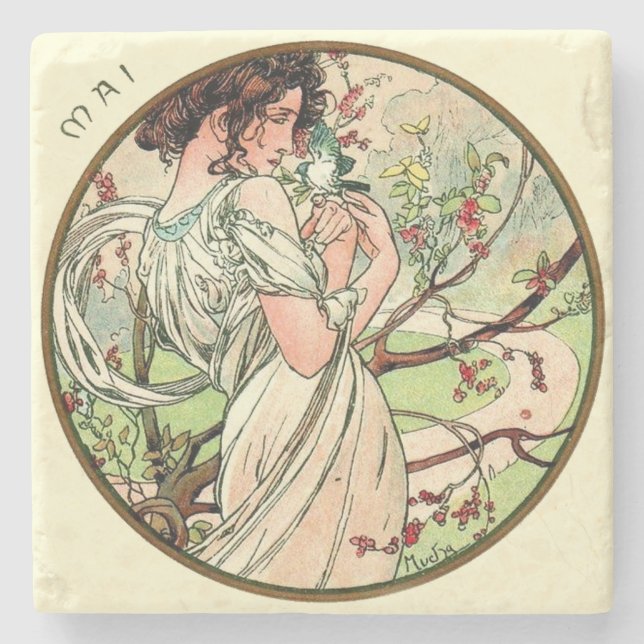 Porta-copo De Pedra Art Nouveau Mucha Calendário May (Frente)
