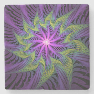 Porta-copo De Pedra Arte abstrata fractal moderna flor roxa verde