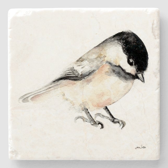 Porta-copo De Pedra Arte de Aquarela Chickadee (Chickadee Watercolor Art Stone Coaster from Jenn's Emporium. )