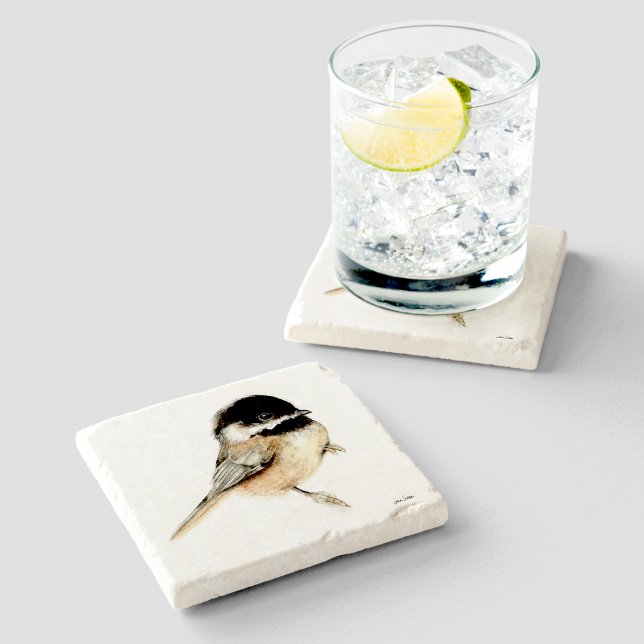 Porta-copo De Pedra Arte de Aquarela Chickadee (Chickadee Watercolor Art Stone Coaster from Jenn's Emporium. )