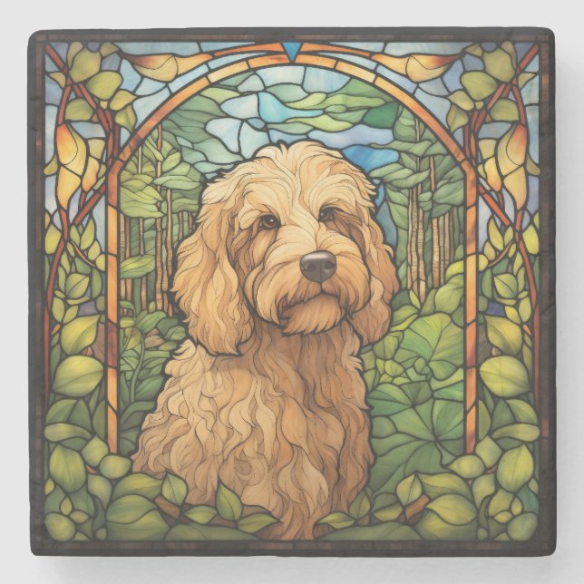 Porta-copo De Pedra Arte de Cachorro Goldendoodle (Frente)