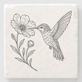 Porta-copo De Pedra Arte de linha detalhada de beija-flor com flor sil