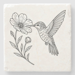 Porta-copo De Pedra Arte de linha detalhada de beija-flor com flor sil