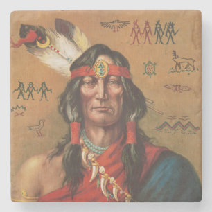 Porta-copo De Pedra Arte de Retrato de Chefe Nativo Americano Vintage