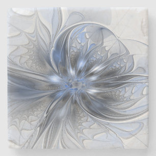 Porta-copo De Pedra Arte Fractal Floral Abstrata em Aquarela Azul Cinz