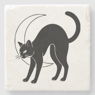 Porta-copo De Pedra Arte Linear de Gato Preto e Lua Crescente