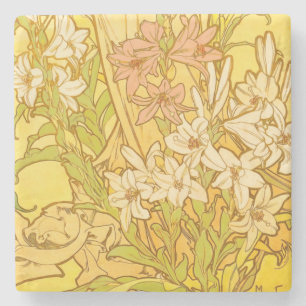 Porta-copo De Pedra Arte Nouveau de Alfonse Mucha flores de lírio