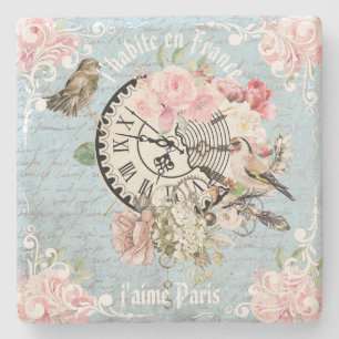 Porta-copo De Pedra Artsy estilo francês vintage Ephemera botânico azu