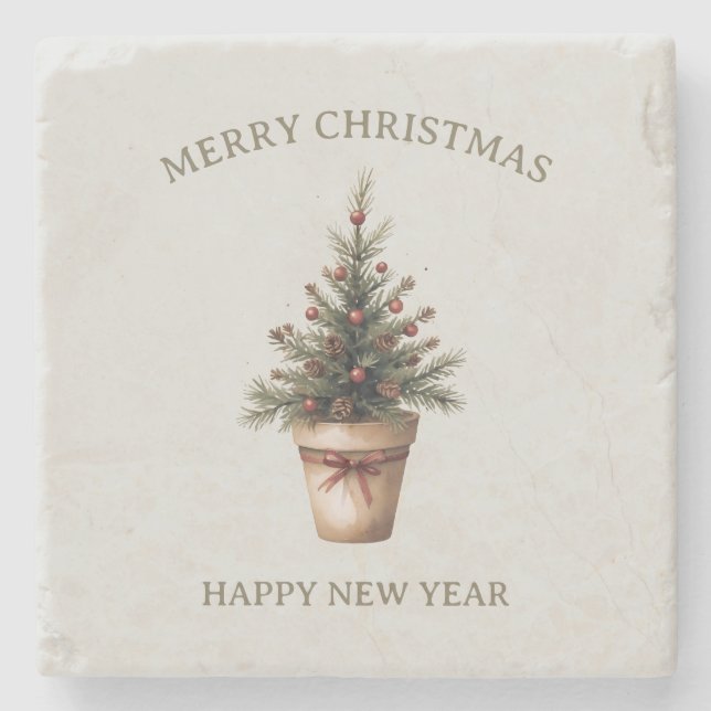 Porta-copo De Pedra Árvore pinecone de Natal costume de feriado (Frente)