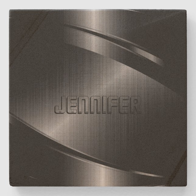 Porta-copo De Pedra Aspecto Metálico Preto Metálico Monograma Stainles (Frente)